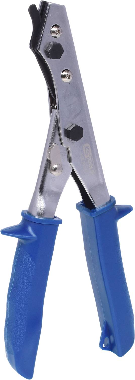 A metal crimping pliers with blue handles, used for cutting clips in technical or craft applications.
