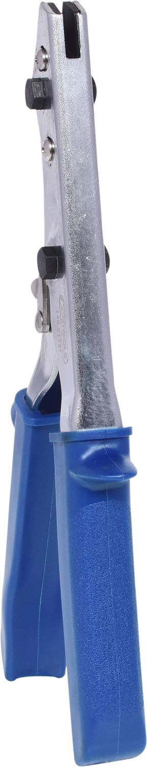 A silver tool with blue handles, presumably a hole punch.