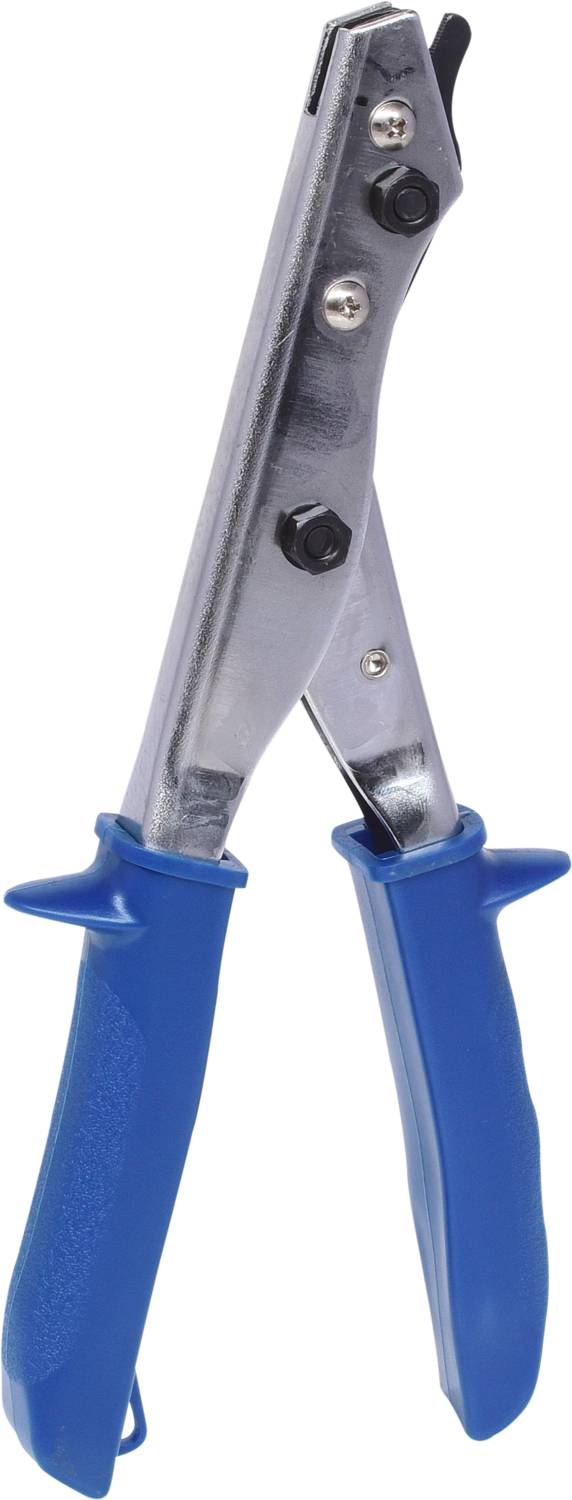 Pliers with blue metal handles, for gripping and holding objects, standing upright.