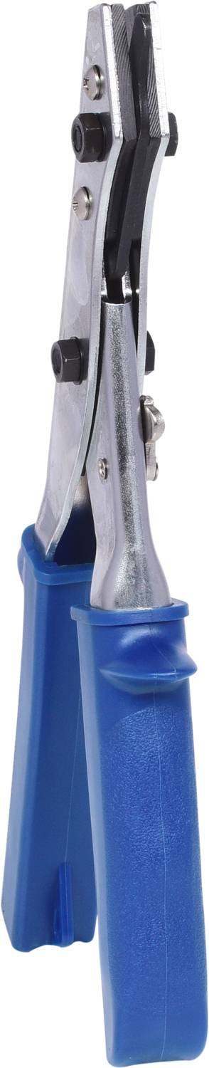 Blue, handy tool with two metal jaws and screws for securing, probably used for bending or shaping materials.