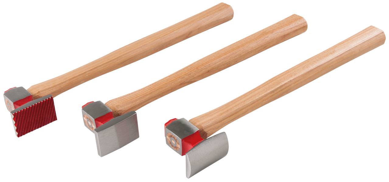 Three meat tenderisers with wooden handles and different metal heads demonstrate various surface textures.
