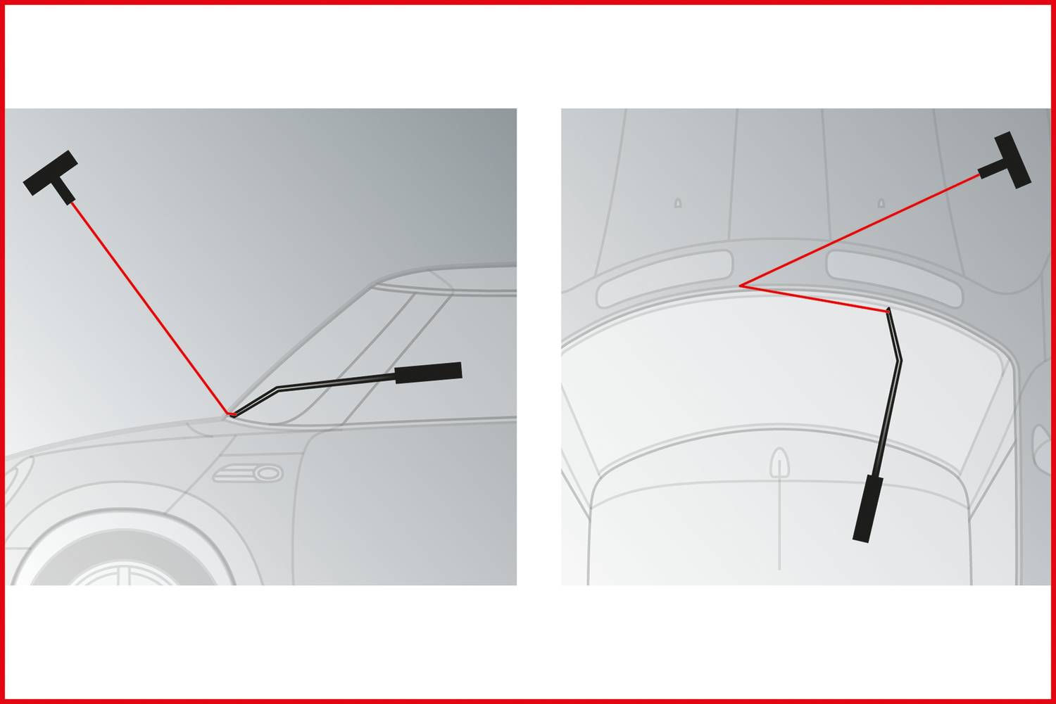 Image shows two views of a vehicle with lines connecting measurement points. Left side view, right top-down view.