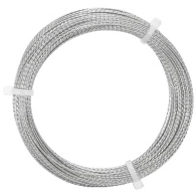 A coiled silver wire rope, held by two white cable ties, lies in a circular arrangement.