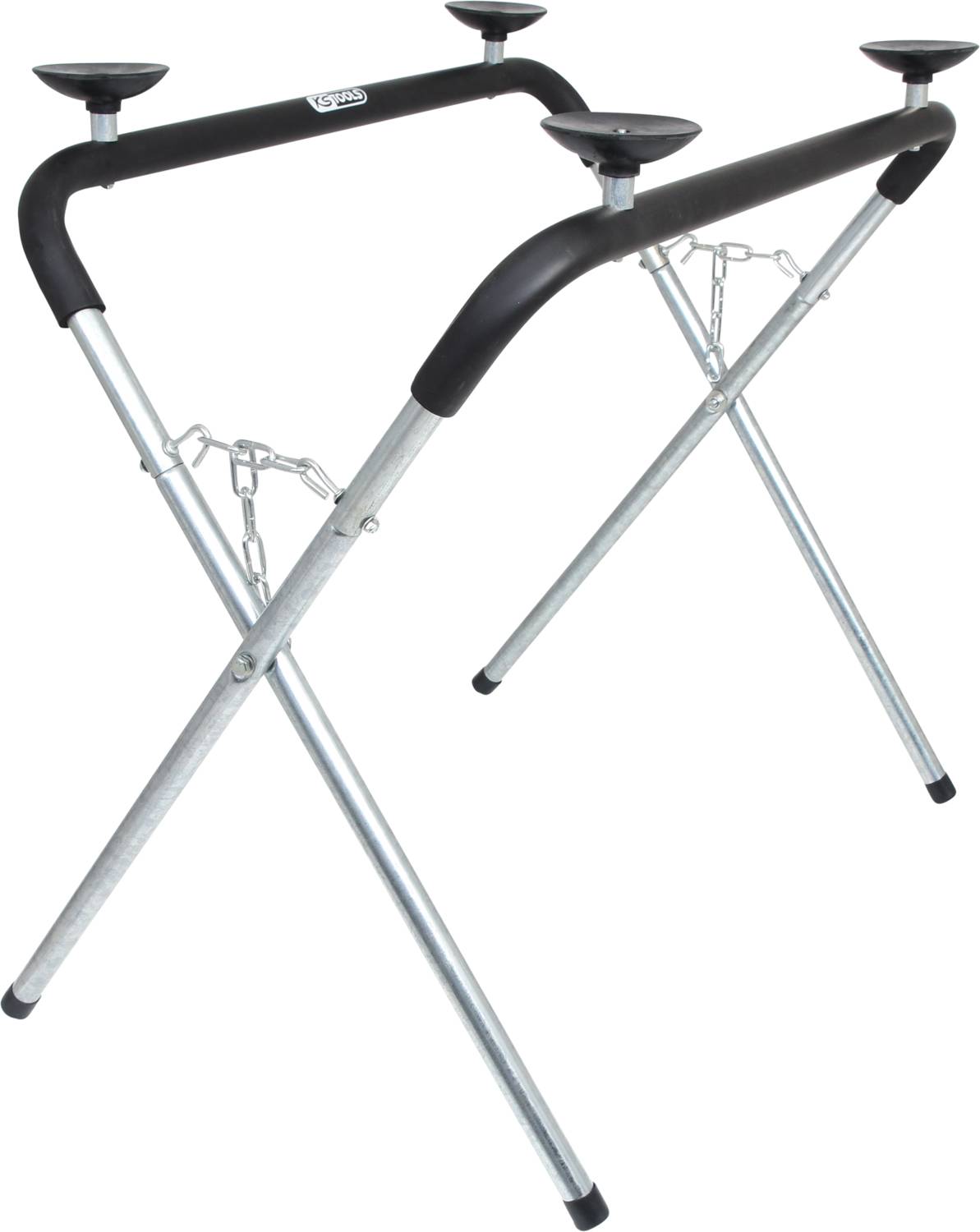 Metallic X-shaped stand with black, rounded supports, suitable for supporting devices or objects.