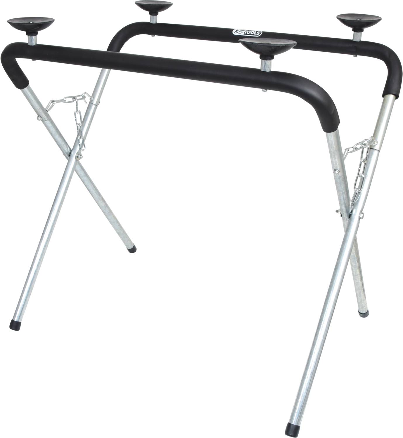 A foldable stand for tools or equipment, with sturdy metal legs and a removable chain for additional stability.