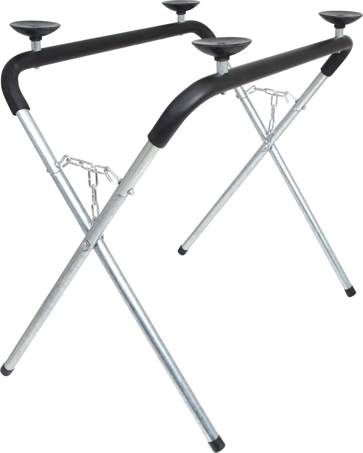 Metallic X-shaped stand or table frame, adjustable with non-slip feet.