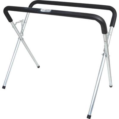 A portable, folding steel frame with black rubber caps on the ends, suitable for holding wood or metal materials.