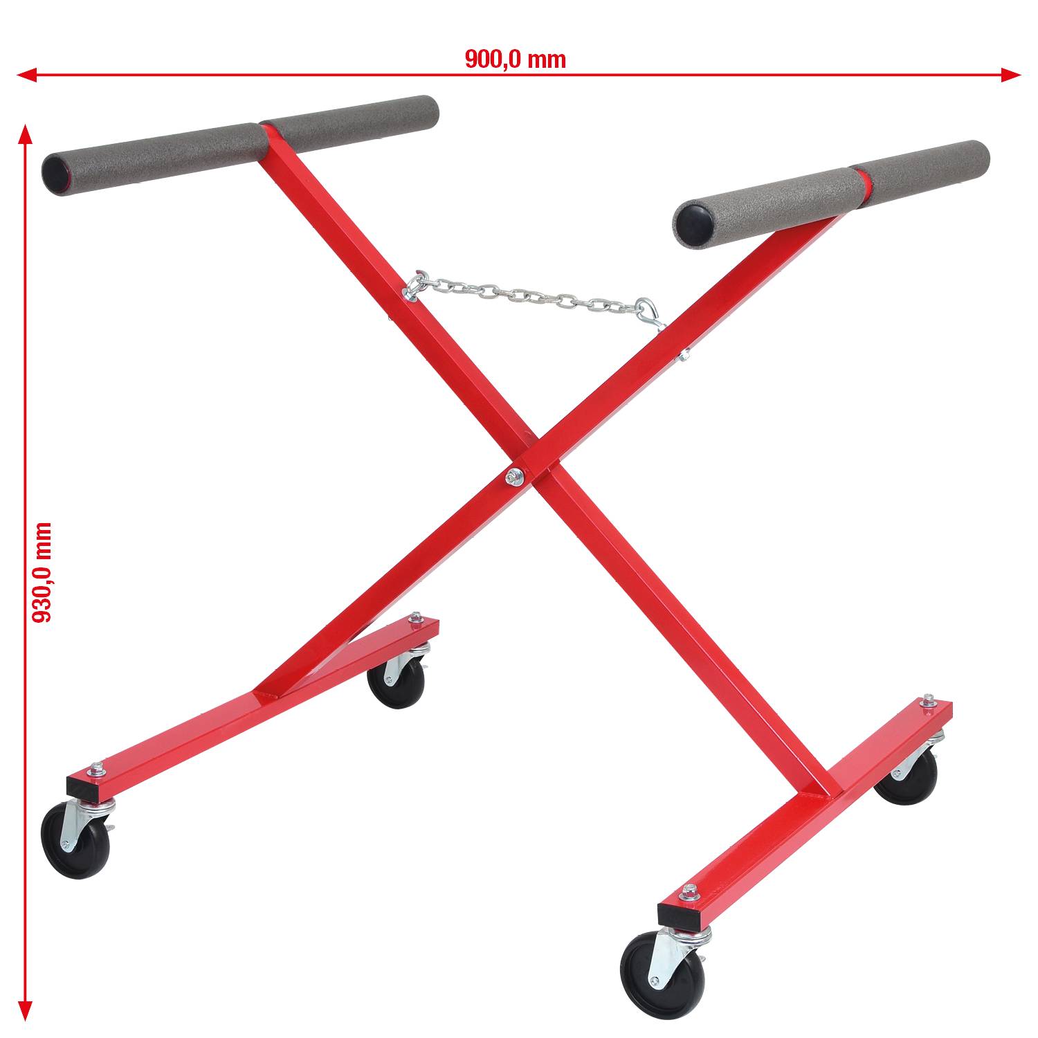 'A red, adjustable stand with wheels and padded carrying handles, height 830 mm, width 900 mm, suitable for holding plates.'