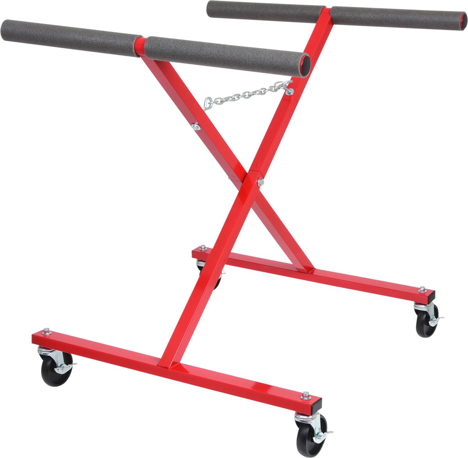 Red, folding metal stand with wheels, suitable for transporting or storing equipment. Contains two black, padded support bars.