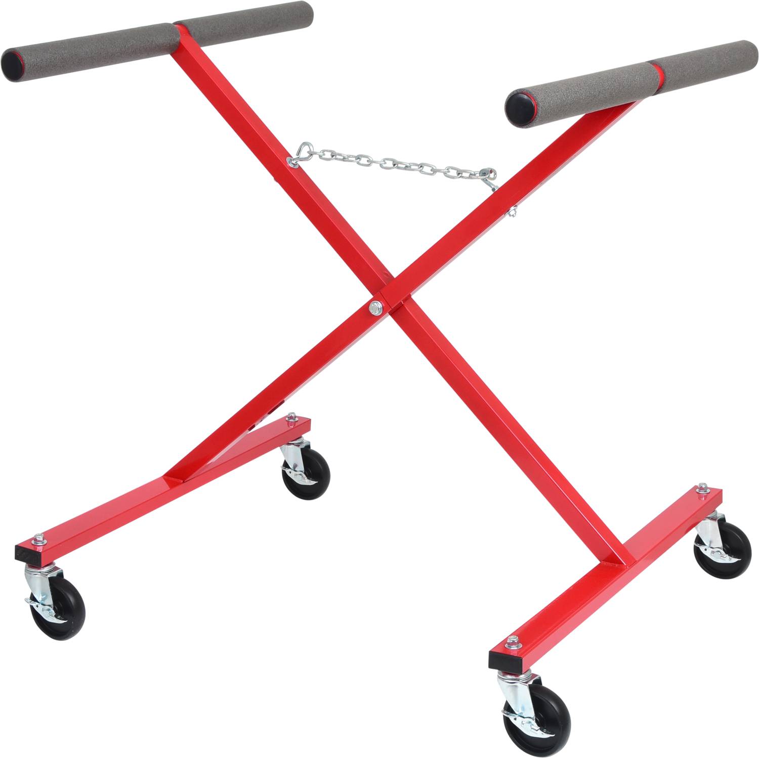 Red, adjustable workshop stand on four wheels with two padded handles and a chain for stabilisation.