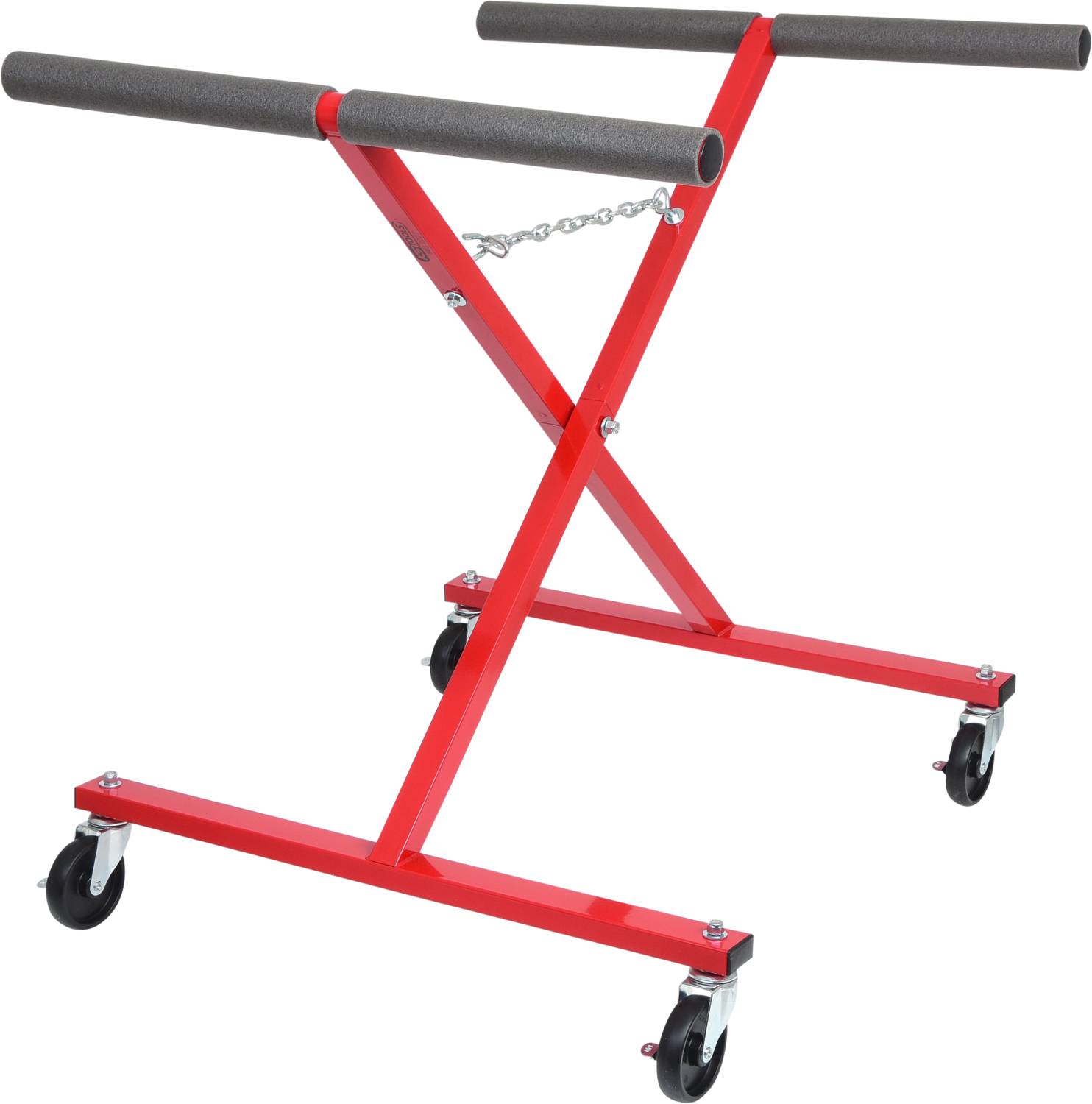 A red metal frame with two height-adjustable arms and four castor wheels, featuring chains as stability elements.