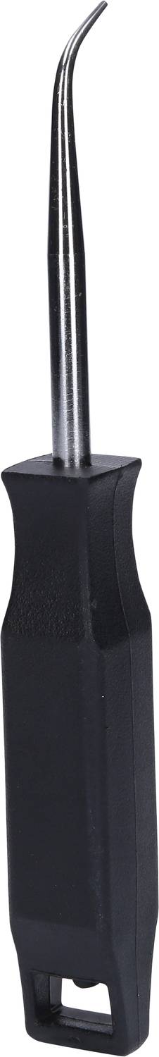 A dental probe with a curved, pointed metal tip and a black plastic handle, used for tooth cleaning or examination.