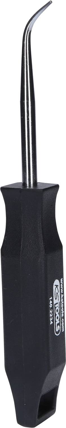 A metal tool with a curved, sharp end and a black handle. Suitable for precise work or levering small objects.