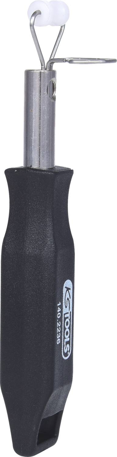 A black tool with a plastic handle and metal hook, presumably a puller for feathers or similar small parts.