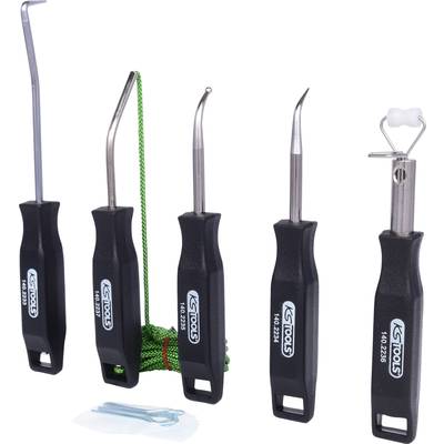 Five black tools with hook-like tips standing upright, used for tyre repairs, flanked by green rope and blue clips.
