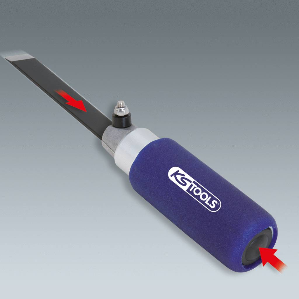 A blue tool from KS Tools with a long metal blade insert for seal separation. Red arrow points to blade end and handle.