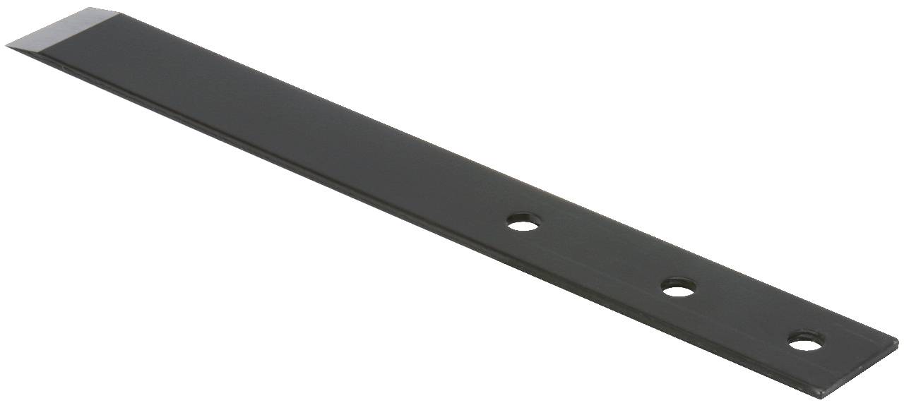 A long, black metal blade with a bevelled end and three round holes in a row.