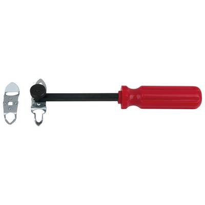 A red universal tin opener with a long lever and two interchangeable blade attachments.