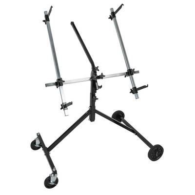 An adjustable assembly stand with wheels, suitable for securing bicycles for repairs and maintenance work.