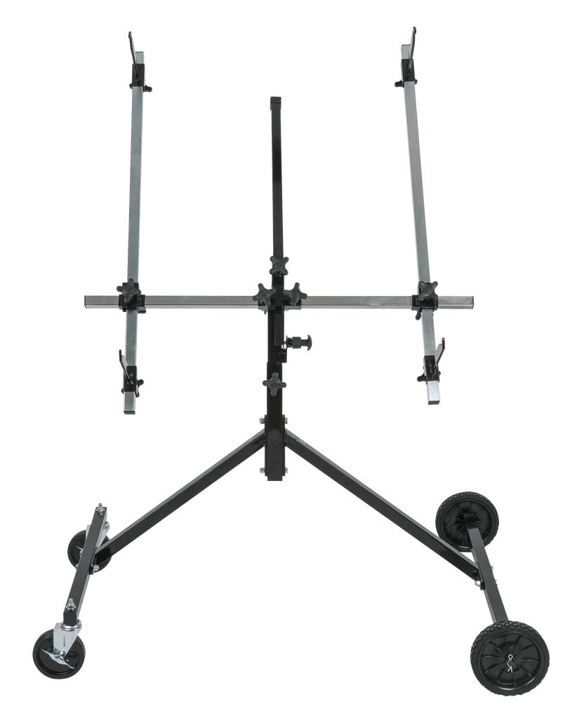 Mobile trolley stand with four adjustable mountings, suitable for large items. Four wheels for easy movement.