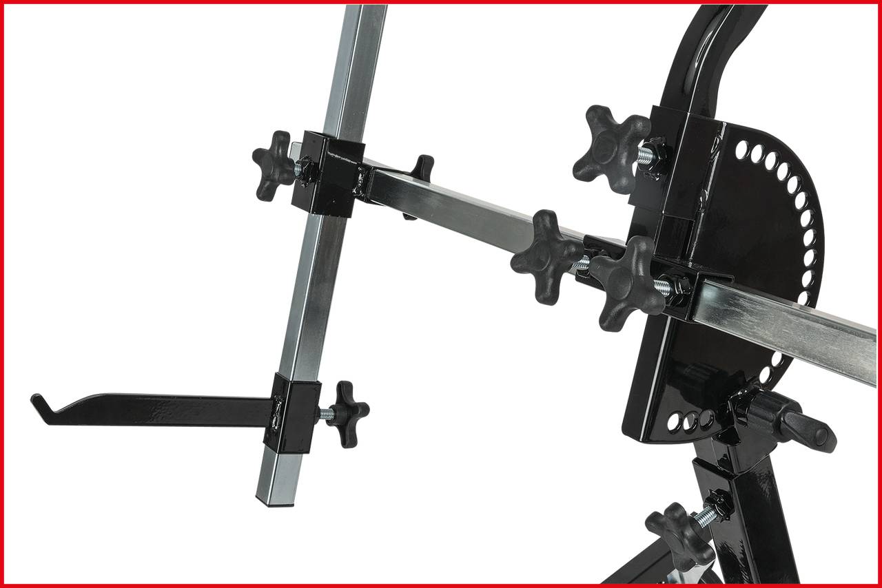 Metal bicycle mount with multiple adjustable clamps and levers. Suitable for securely fastening bicycle frames.