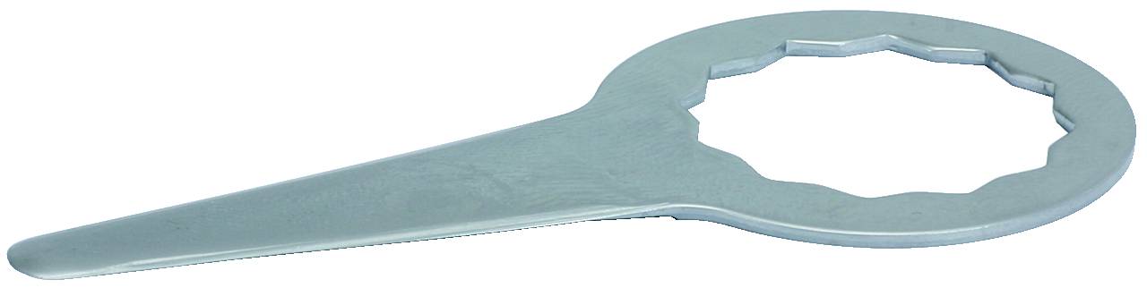 A flat, metallic spanner with a star-shaped opening and long handle, likely designed for specialised nuts or bolts.