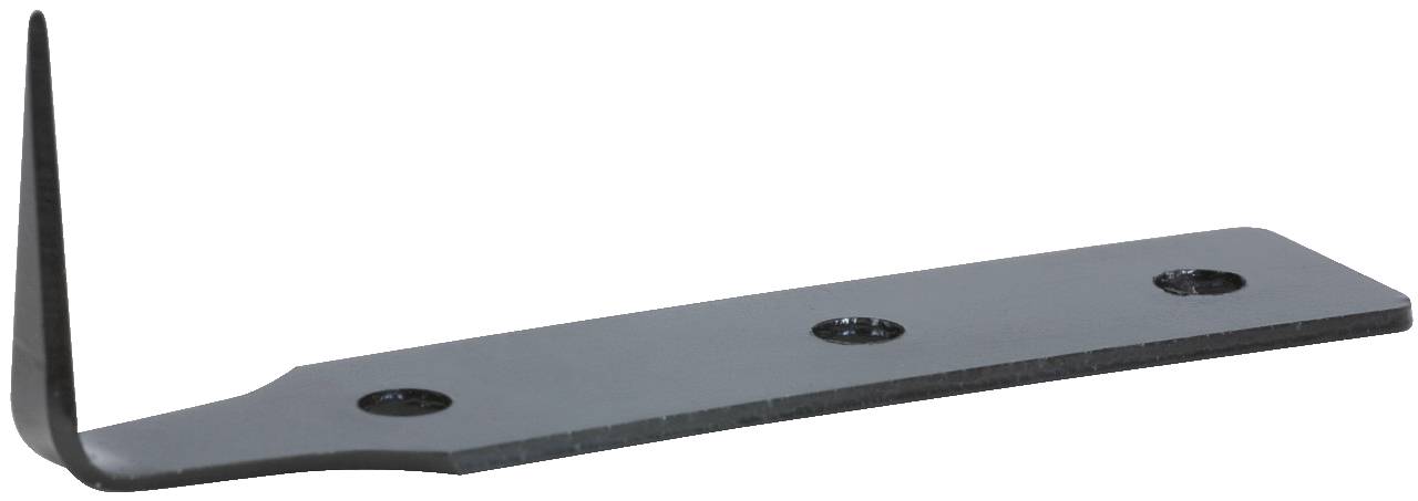 Metal blade with three holes, with the right section running flat, while the left section is bent upwards at a vertical angle.