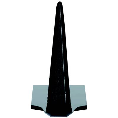 A raised, glossy black stand with a tapered end, designed to present or support objects vertically.