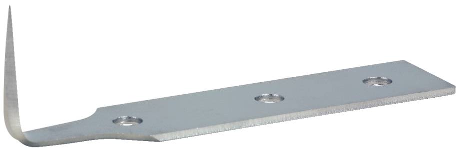 Metal blade with three mounting holes, sharp end, and slightly curved tip, used for cutting tasks.