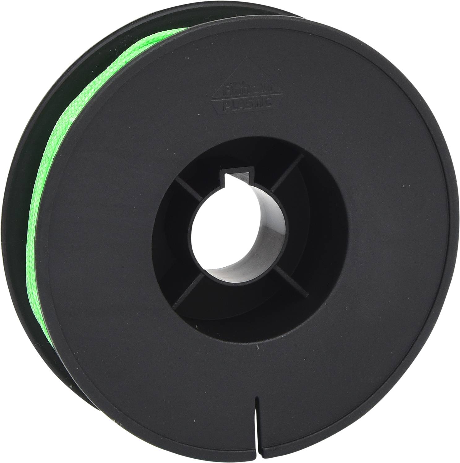 A black spool with green 3D printer filament.