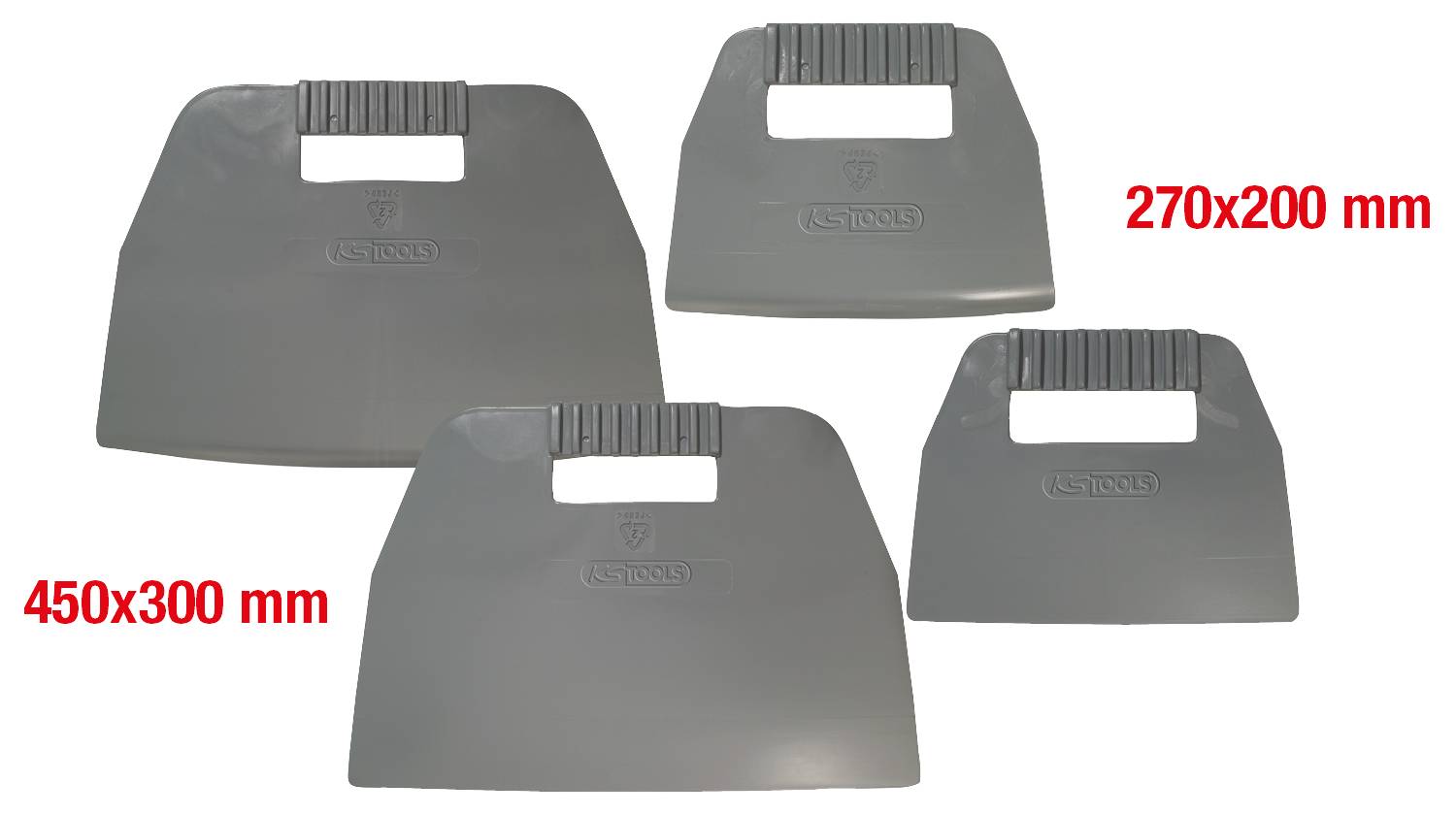 Four grey plastic spreaders with handles in two sizes: 450x300 mm and 270x200 mm. They are suitable for various tasks.