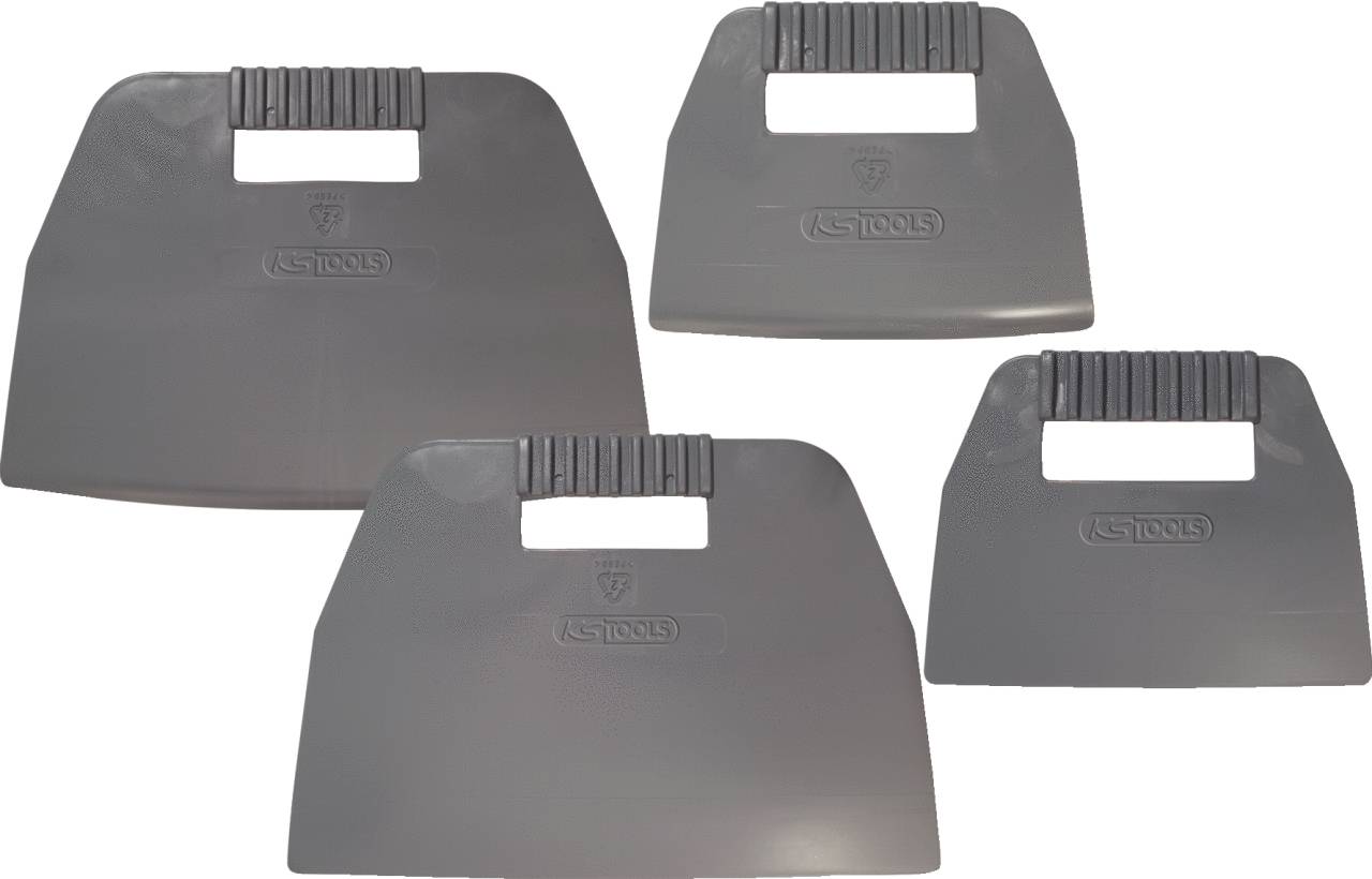 Four grey plastic spatulas with handles, arranged in different sizes. They have the 'KS Tools' logo printed on them.