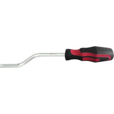 A metal lever tool with an ergonomic handle, red and black in colour, used for removing nails or levering materials.