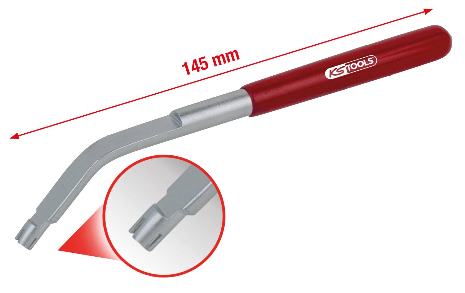 Longer unlocking hook, 145 mm in length, made of metal with a red plastic handle, used for unlocking electrical connectors.