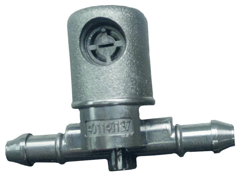 Plastic valve with two lateral connections, closed at the top. Used in liquid pipelines or irrigation systems.