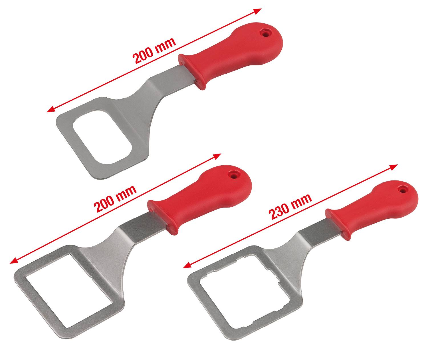 Three metal bottle openers with red plastic handles. Two with rectangular openings, one with an oval opening. Lengths: 200 mm and 230 mm.