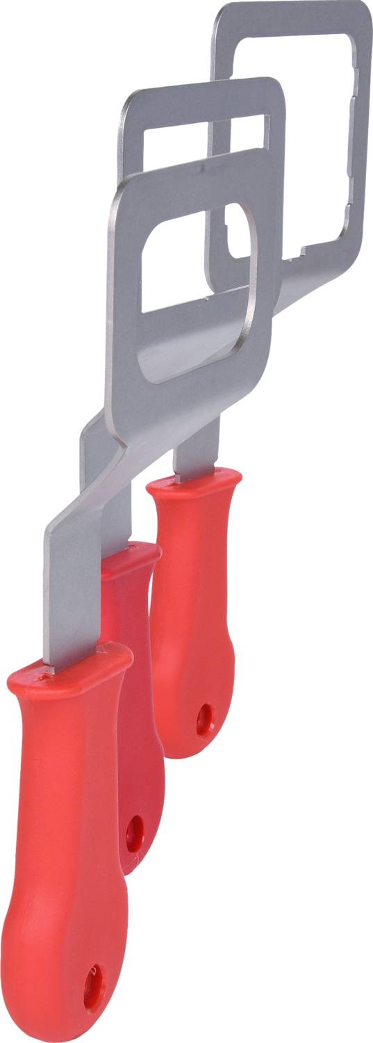 Three similar red tools with square metal parts and handles, stacked on top of each other.