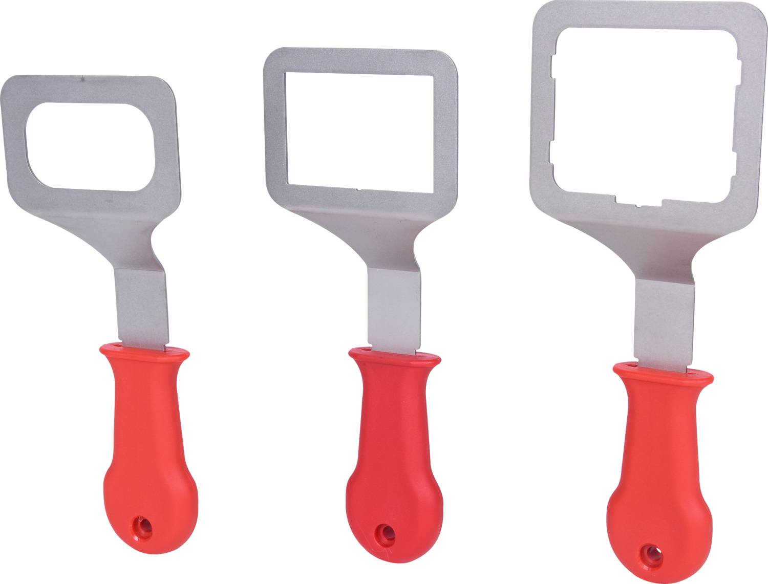 Three tools with red handles and different square metal frames, each with a distinct shape.