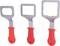 Three tools with red handles and different square metal frames, each with a distinct shape.