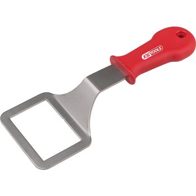 A carpet knife with a red handle and rectangular opening, used for cutting carpets or floor coverings.