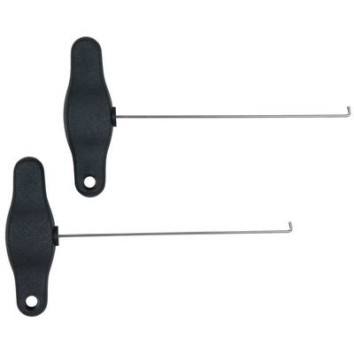 Two black plastic tools with long, curved metal rods and hooks at their ends, set against a white background.