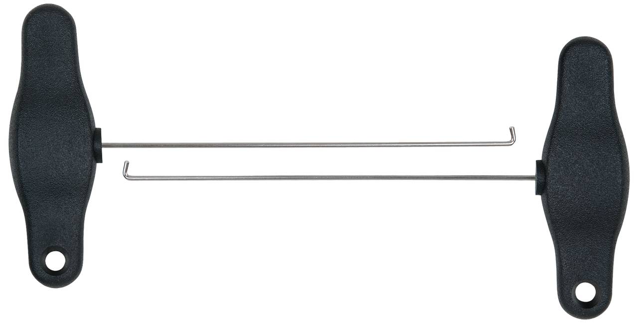 Two black handles with a connected rigid wire rod, suitable for fastening or holding objects.