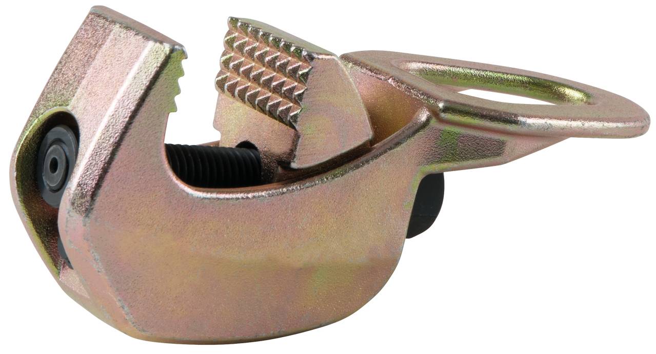 Metal clamp with a serrated gripper, presumably for cables or pipes. It has a screw mechanism for fastening.