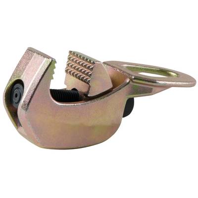 Metal clamp with a serrated gripper, presumably for cables or pipes. It has a screw mechanism for fastening.