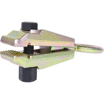 Metal G-clamp with serrated jaws and screw, used for fixing or gripping workpieces in workshop environments.