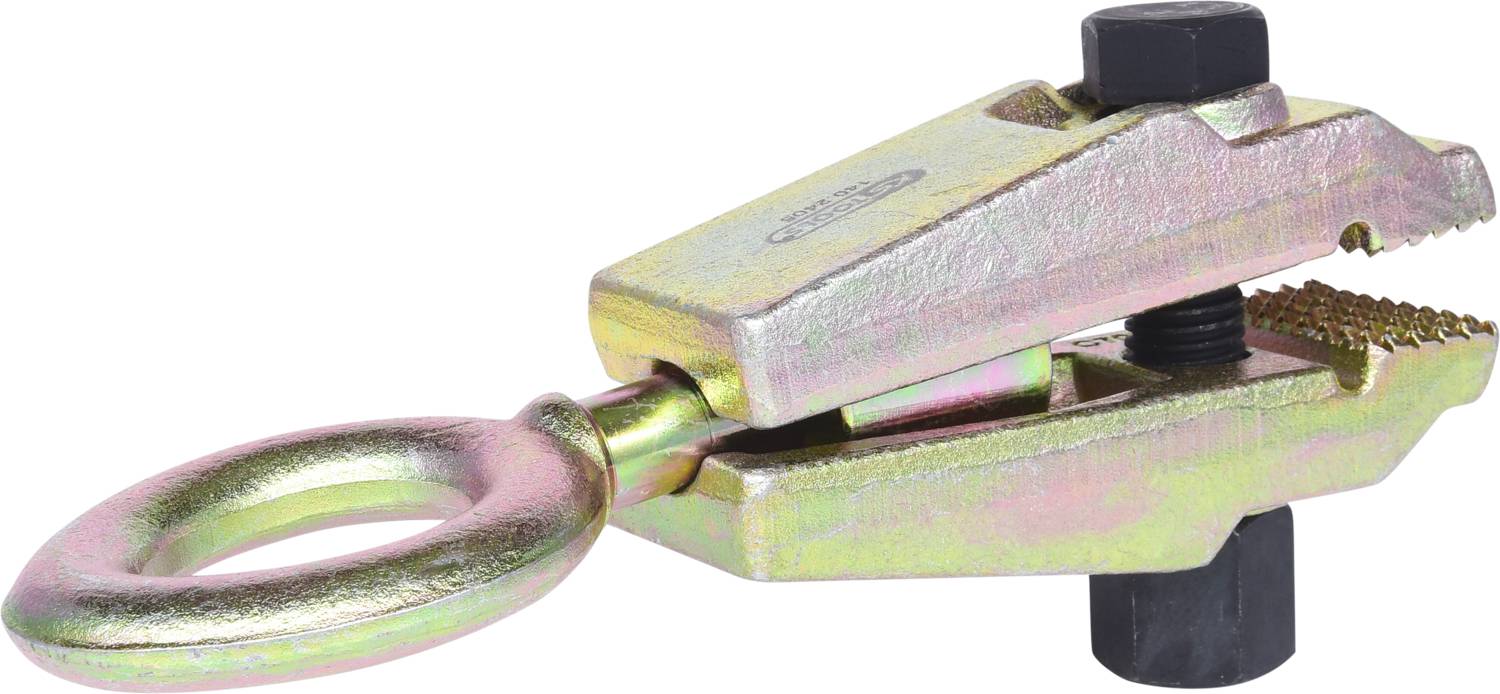 A robust metal clamp tool with a ring at one end and serrated jaws, ideal for gripping and holding heavy objects.