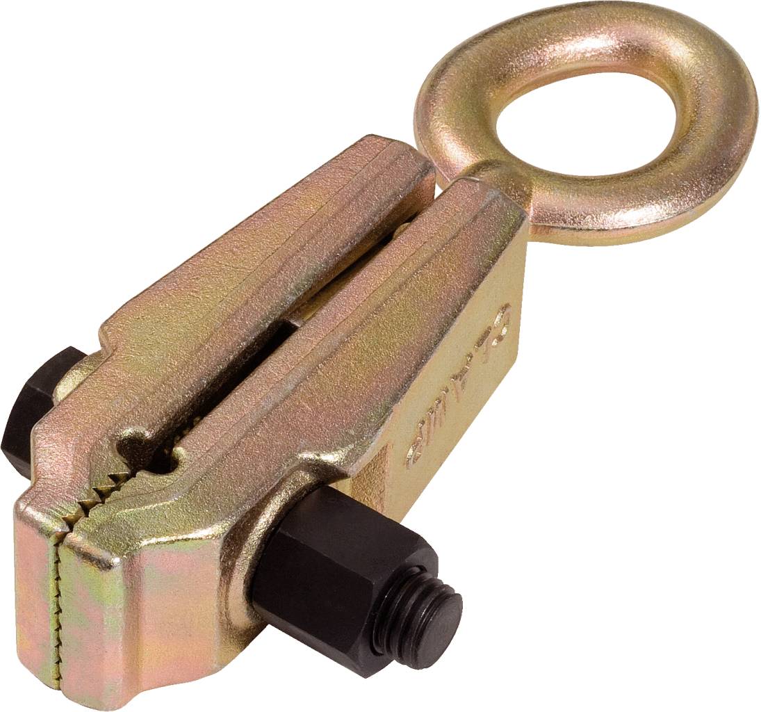 Metallic tension clamp with eyelet ring and two screws, used for tensioning and pulling work in technical applications.