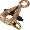 A gold-coloured clamp with screws and a round handle, suitable for pulling or holding heavy objects in industrial applications.