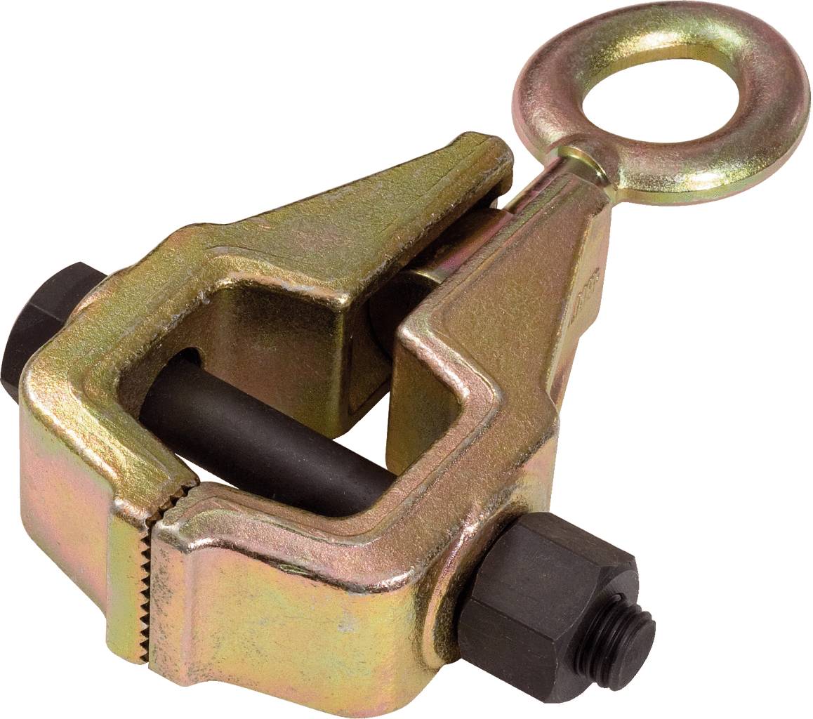 Metal clamp with a ring at the top and a screw on the side. Typically used in workshops for fixing or pulling parts.