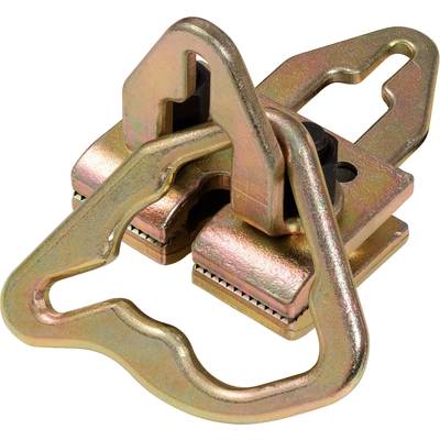 Metal locking mechanism in a golden colour with two hooks for securely fastening objects.